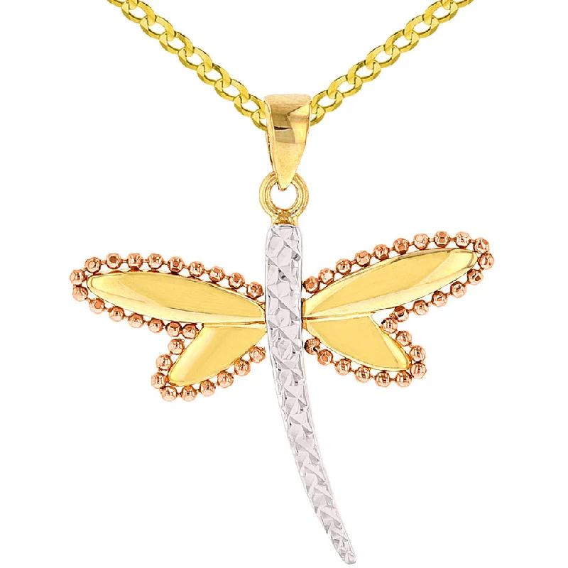 women celestial necklaces -Jewelry America Textured 14K Yellow Gold and Rose Gold Milgrain Dragonfly Pendant Necklace