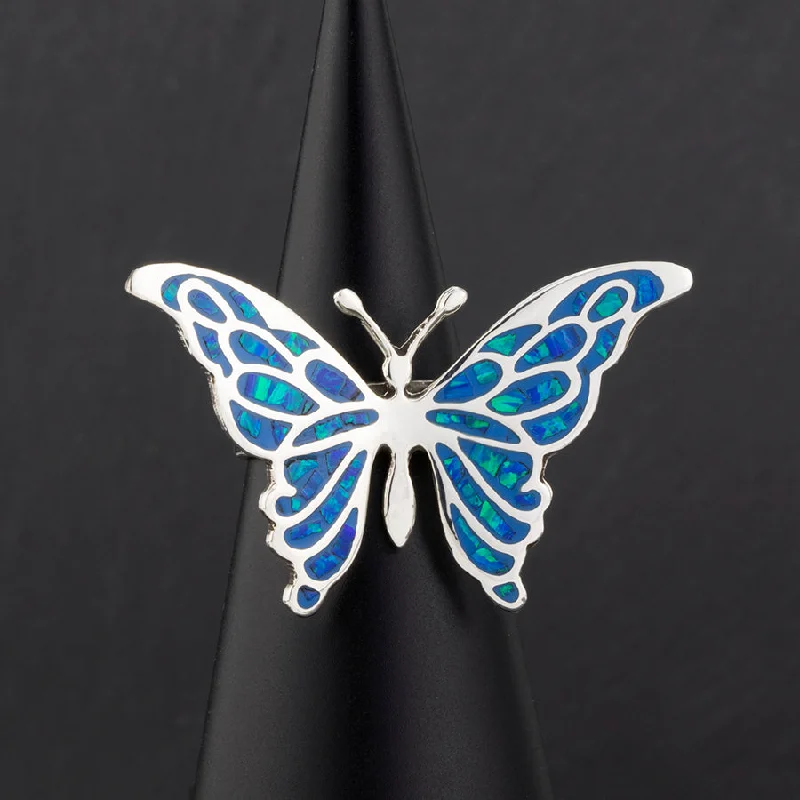 women platinum rings -Blue Opal Butterfly Ring