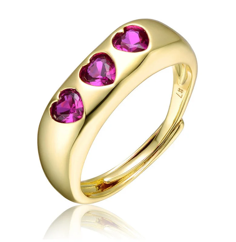 women simple engagement rings -14k Gold Plated with Ruby Red Cubic Zirconia 3-Hearts Halo Promise Ring