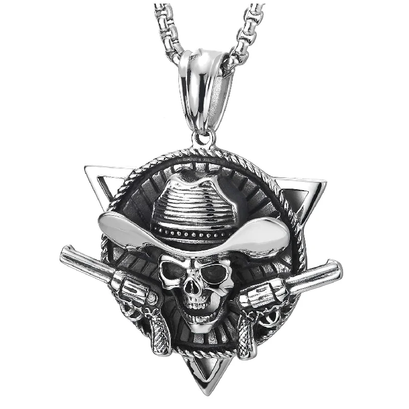 women long pendant necklaces -Mens Steel Vintage Hat Cowboy Skull Circle Triangle Pendant Necklace 30 in Wheat Chain