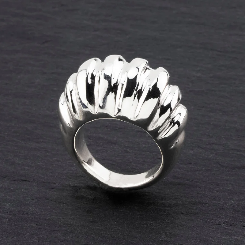 women cushion cut rings -Chunky Silver Scalloped Dome Ring