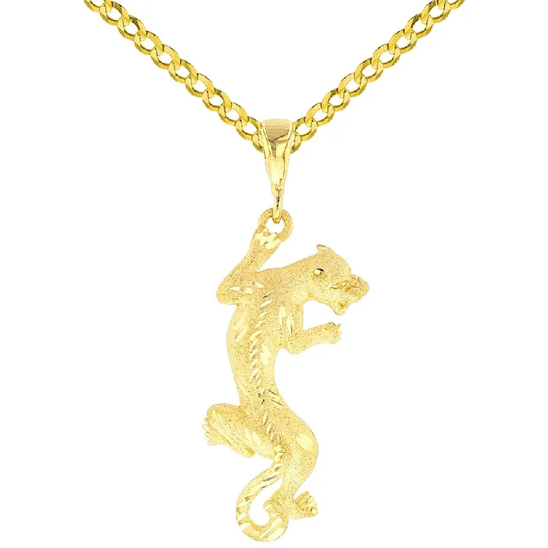 women statement necklaces -14K Yellow Gold Textured Vertical Panther Charm Animal Pendant with Cuban Chain Necklace