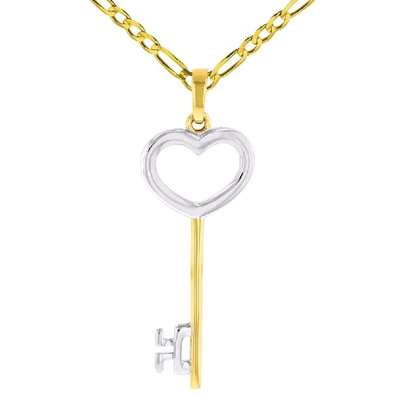 women choker necklaces -Solid 14K Yellow Gold Open Key to My Heart Love Pendant with Figaro Chain Necklace