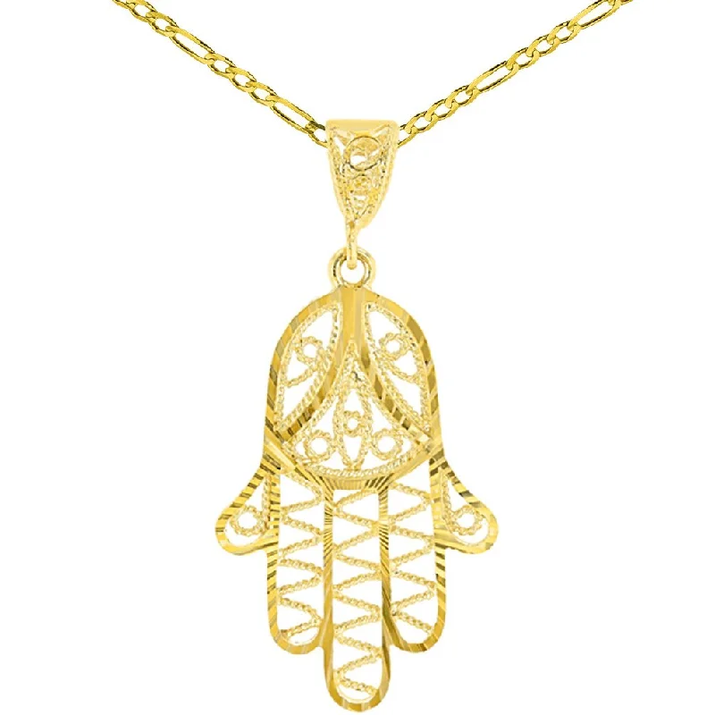 women teardrop necklaces -Solid 14K Yellow Gold Filigree Hamsa Charm Textured Hand of God Pendant Figaro Chain Necklace