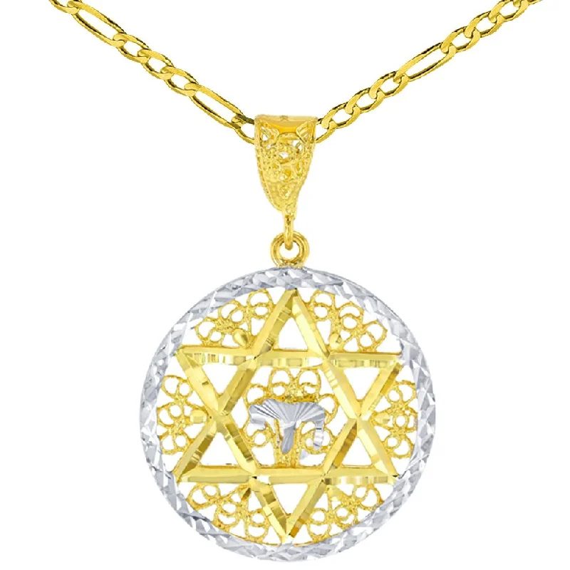 women celestial necklaces -Solid 14K Yellow Gold Round Filigree Star of David with Chai Symbol Pendant Figaro Chain Necklace