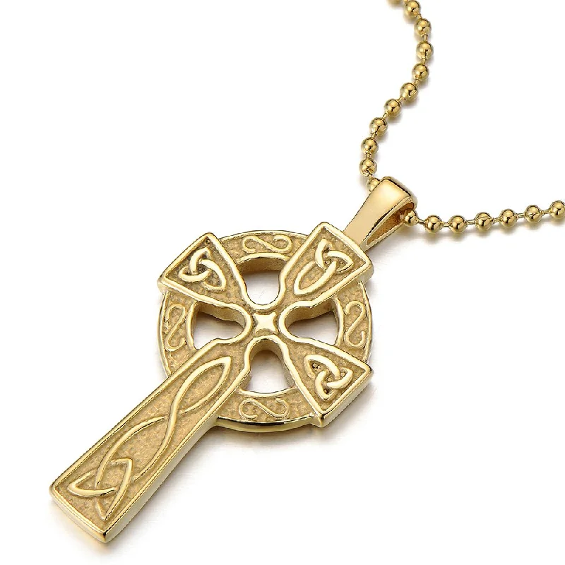 women gemstone drop necklaces -Stainless Steel Mens Celtic Cross Pendant Necklace with 23.6 in Ball Chain