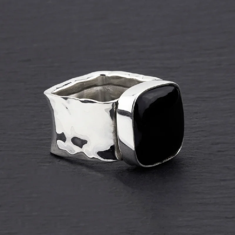 women wide band wedding rings -Chunky Square Black Obsidian Wide Band Silver Ring