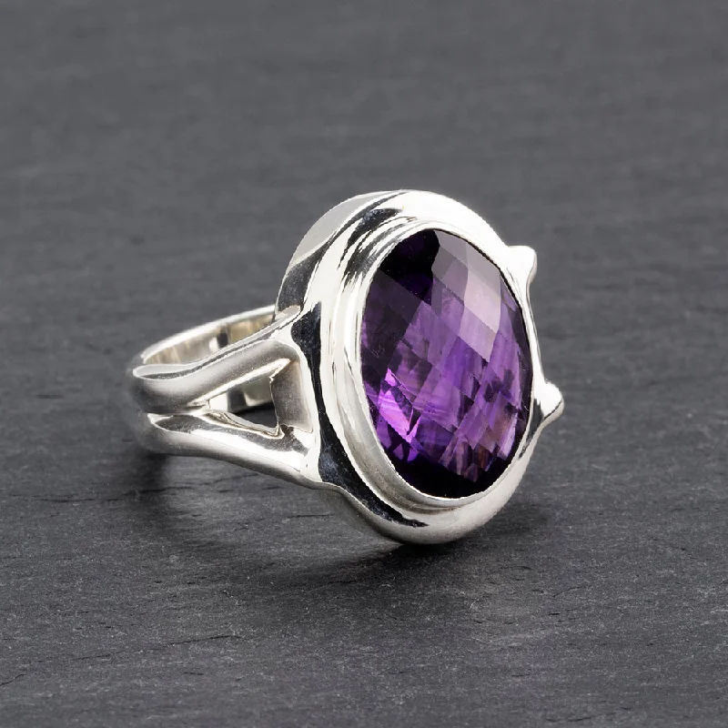 women pearl rings -Oval Checkeboard Cut Amethyst Ring