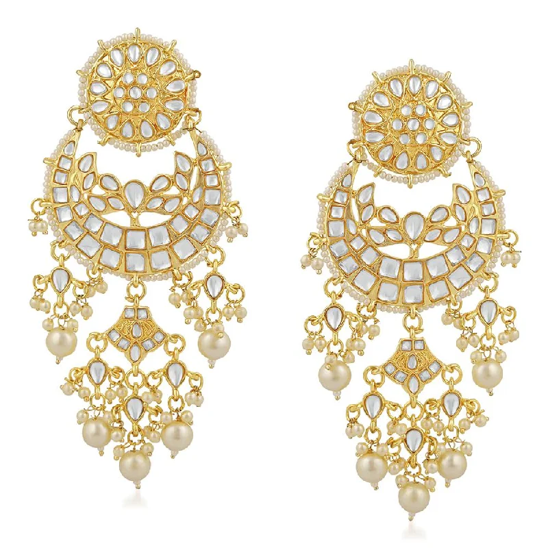 women diamond dangle earrings -Mahi Gold Plated Traditional White Kundan Chandbali Long Dangler Earring For Women VECJ100202