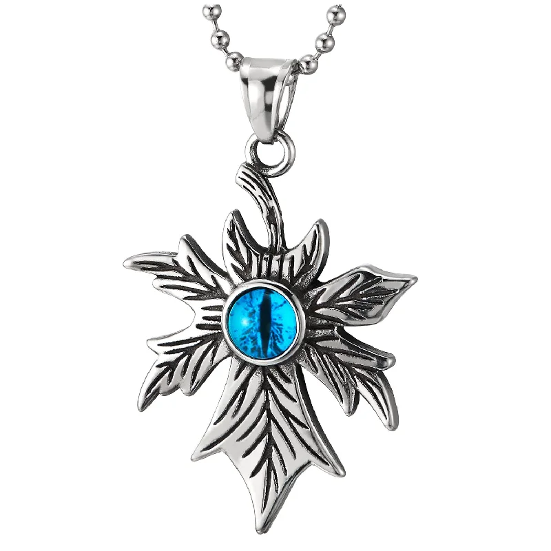 women simple pendant necklaces -Stainless Steel Vintage Maple Leaf Pendant with Blue Evil Eye Necklace for Man Women, 30 inche Chain