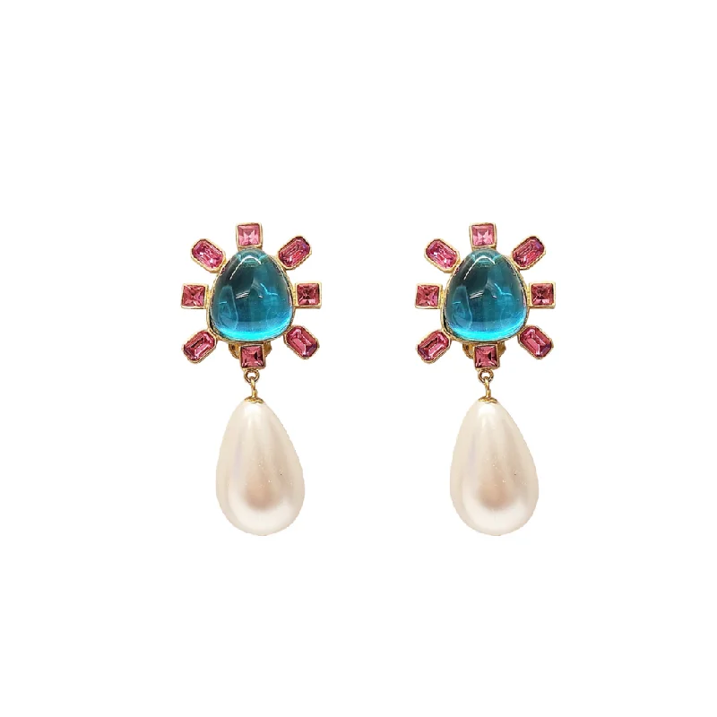 women boho necklaces -Pink and Aqua Cabochon Center Pearl Drop Clip Earring