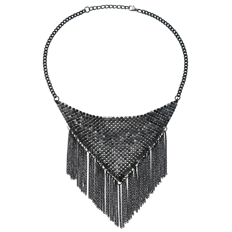 women antique necklaces -Unique Hipster Grey Black Statement Triangle Bib Collar Necklace with Dangling Chains Tassel