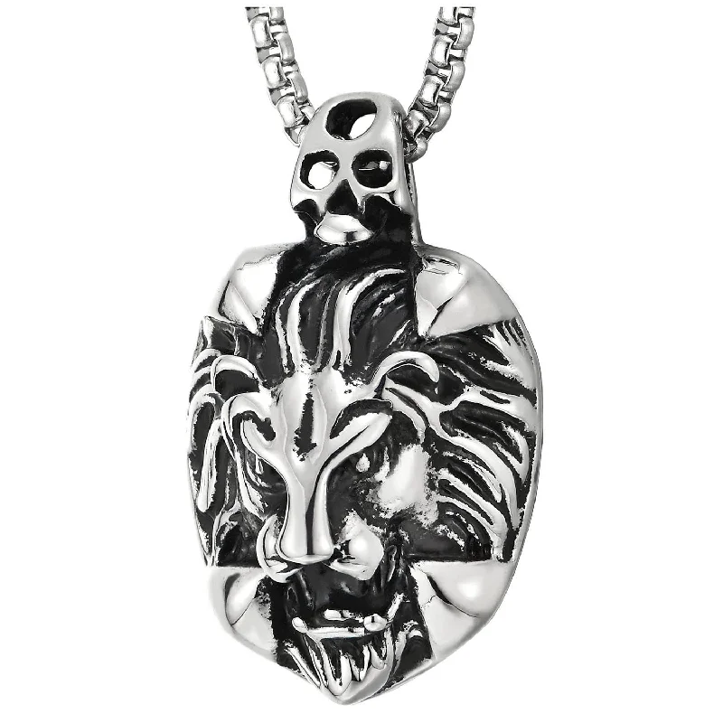 women minimalist pendant necklaces -Mens Stainless Steel Biker Skull Lion Pendant Necklace with 23 Inches Steel Wheat Chain