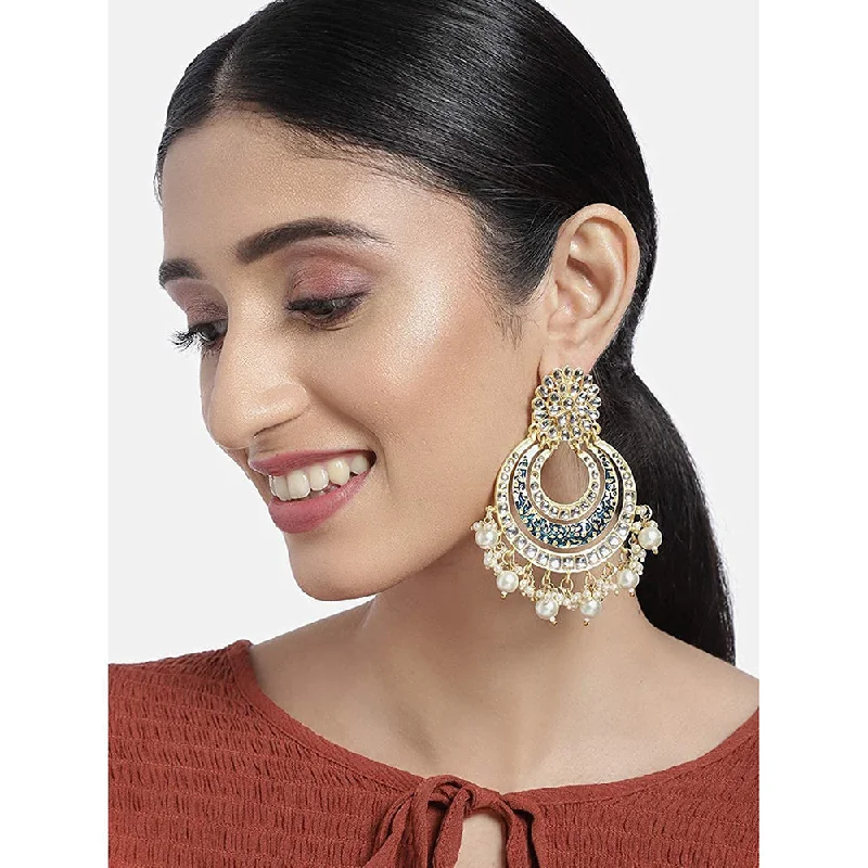 women sparkly drop earrings -Etnico 18k Gold Plated Enamel/Meenakari Big Chandbali Earrings Glided With Kundan & Pearl for Women (E2860BL)