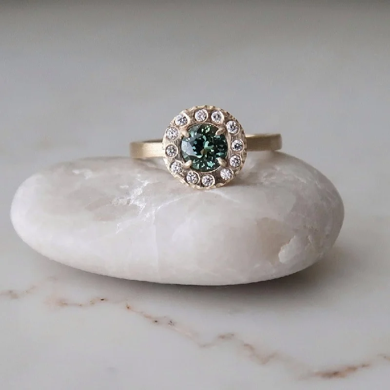 women affordable rings -Teal Sapphire Halo Ring | 14K Yellow Gold