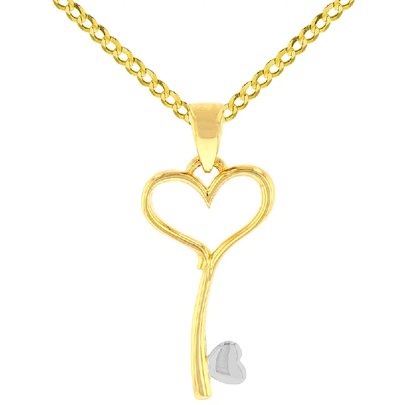 women custom engraved gold necklaces -Solid 14K Yellow Gold Open Heart Love Curved Key Pendant with Cuban Chain Necklace