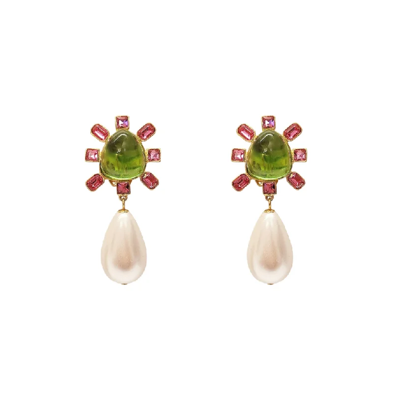 women statement necklaces -Pink and Peridot Cabochon Center Pearl Drop Clip Earring