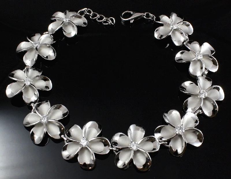 women charm bracelets -18MM STERLING SILVER 925 HAWAIIAN PLUMERIA FLOWER CZ BRACELET RHODIUM