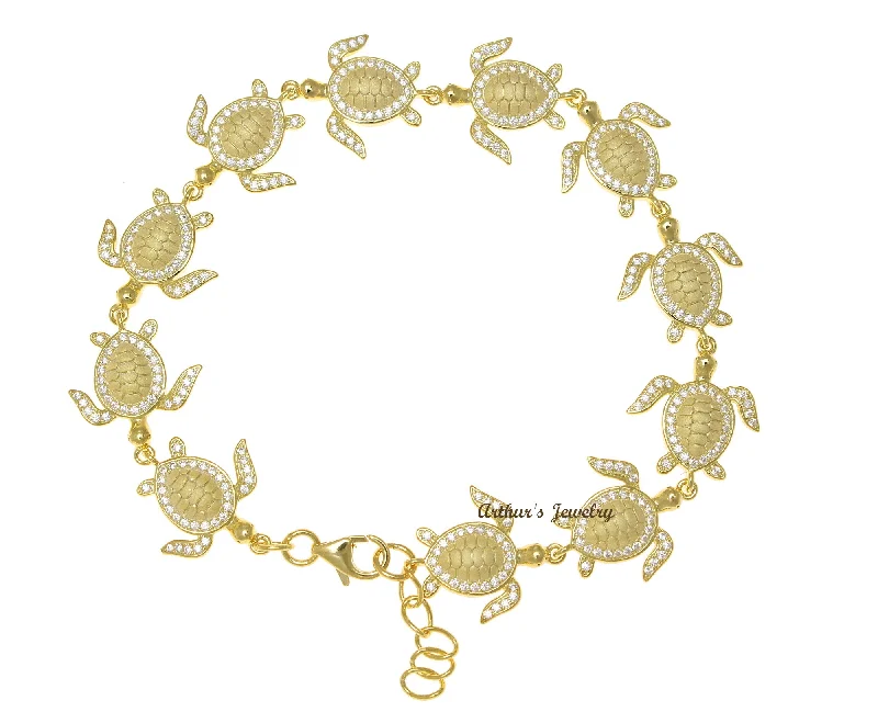 women stackable bracelets -YELLOW GOLD PLATED SOLID 925 SILVER HAWAIIAN SEA TURTLE LINK BRACELET CZ 7.5INCH