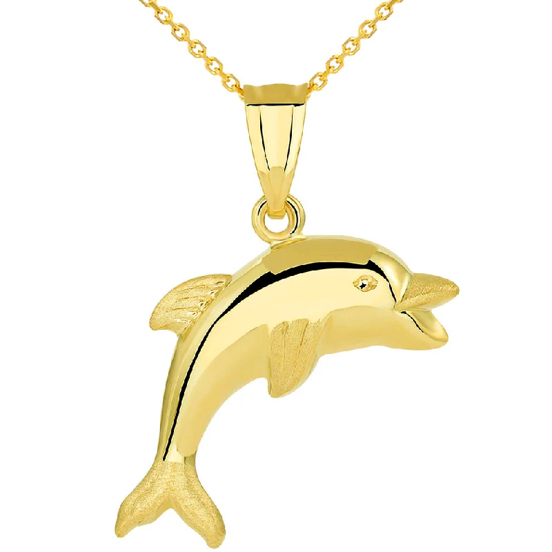 women infinity pendant necklaces -14k Yellow Gold Polished Smiling and Jumping 3D Dolphin Pendant