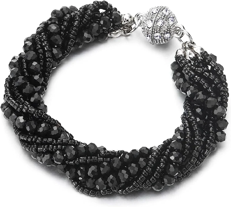 women art deco necklaces -COOLSTEELANDBEYOND Black Crystal Beaded Strand Bracelet with Rhinestone Ball Charm Magnetic Clasp