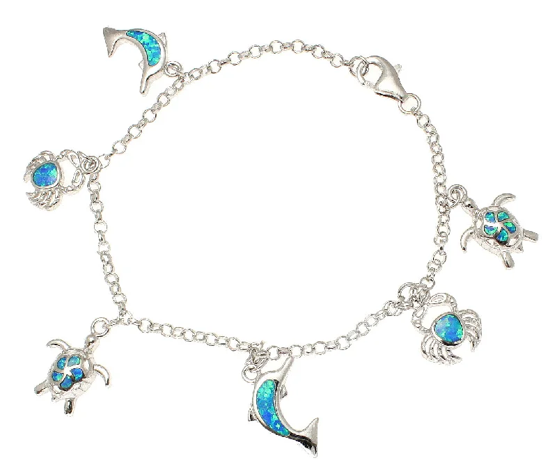 women engraved bracelets -INLAY OPAL SILVER 925 HAWAIIAN PLUMERIA TURTLE CRAB DOLPHIN CHARM BRACELET 7.5"