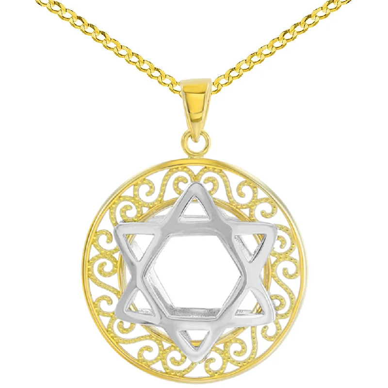 women personalized necklaces -Polished 14K Two Tone Gold Round Filigree Star of David 3D Charm Pendant Cuban Necklace