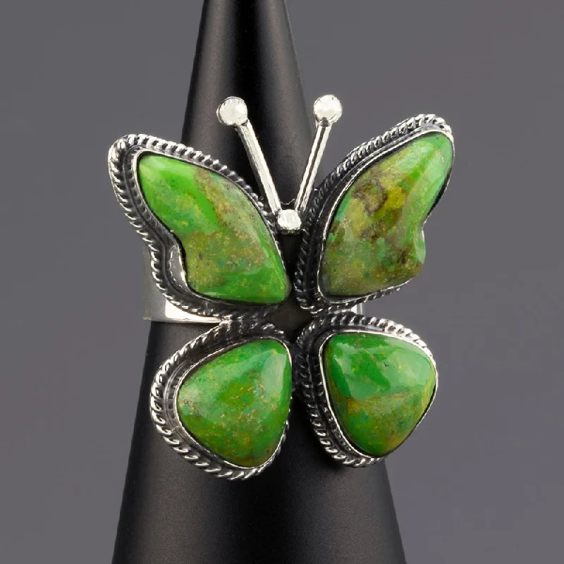 women art deco rings -Large Green Turquoise Butterfly Ring