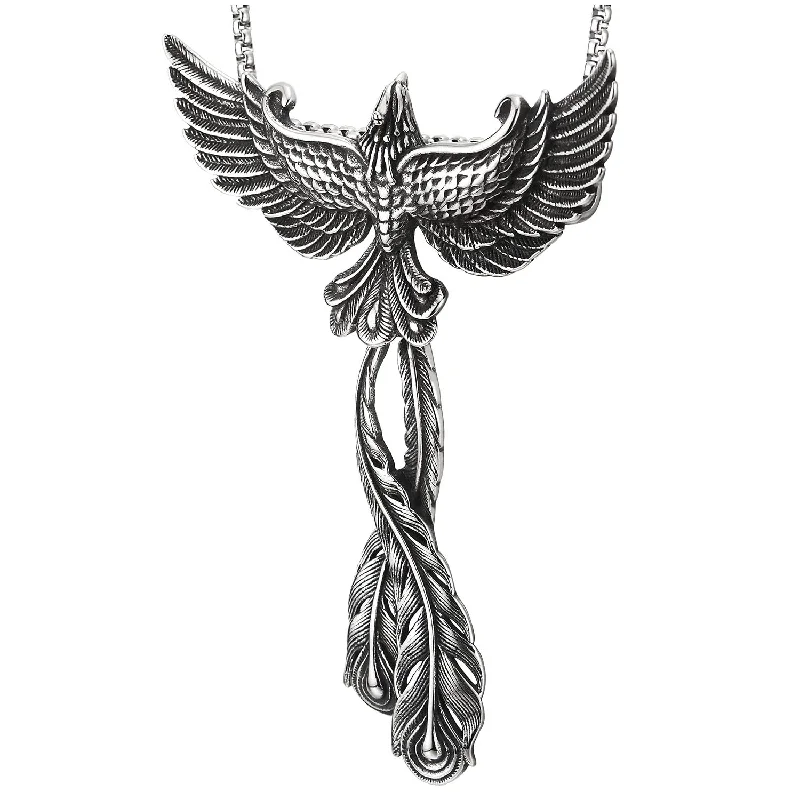 women silver chain necklaces -Mens Women Splendid Steel Large Phoenix Pendant Necklace with Movable Tail Feather, 30 in Chain