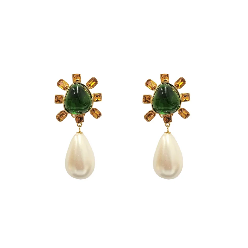 women teardrop necklaces -Topaz and Emerald Cabochon Center Pearl Drop Clip Earring