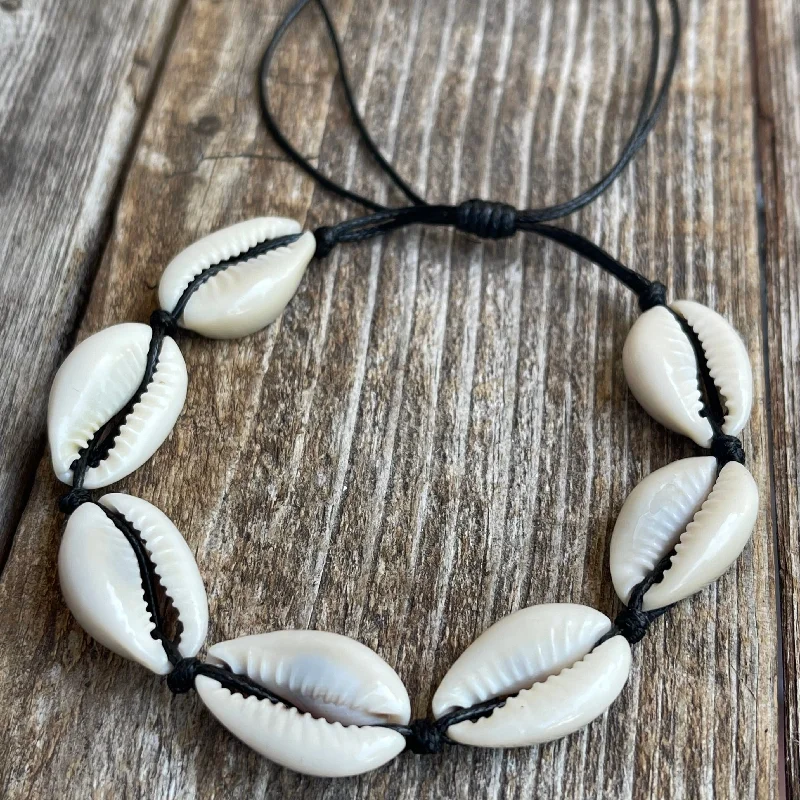 women leather bangles -Cowrie Sea Shell Black Bracelet Anklet