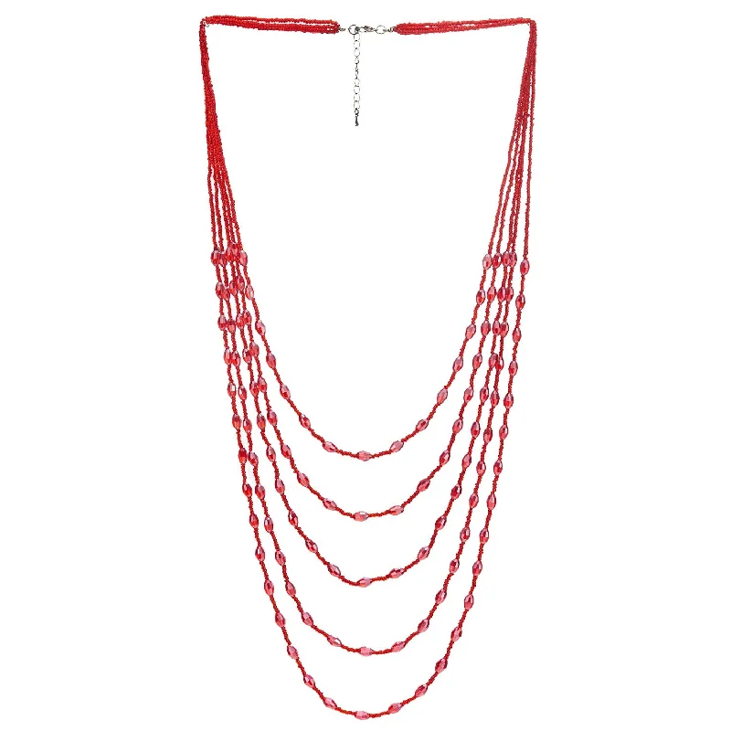 women turquoise necklaces -Red Oval Beads Statement Necklace Multi-Strand Long Chains with Crystal Charms Pendant