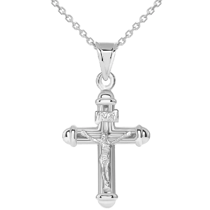 women rope necklaces -14k White Gold Tubuar Indent INRI Crucifix Religious Cross Pendant Necklace