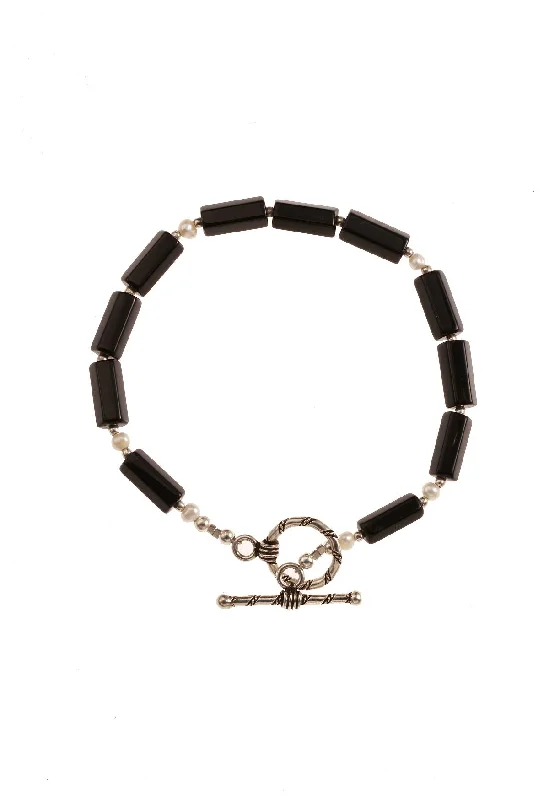 women stack bracelets -Black Onyx & Pearl Bracelet