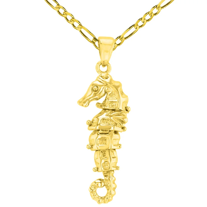 women luxury diamond necklaces -Solid 14K Yellow Gold Dangling Seahorse Pendant with Figaro Chain Necklace