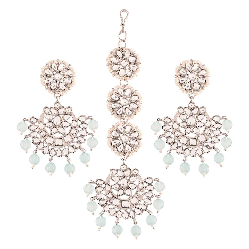 women crystal earrings -Etnico18K Rhodium Plated with Stunning Matte Finish Traditional Kundan & Faux Pearl Chandbali Earrings with Maang Tikka Set (TE2911ZSB)