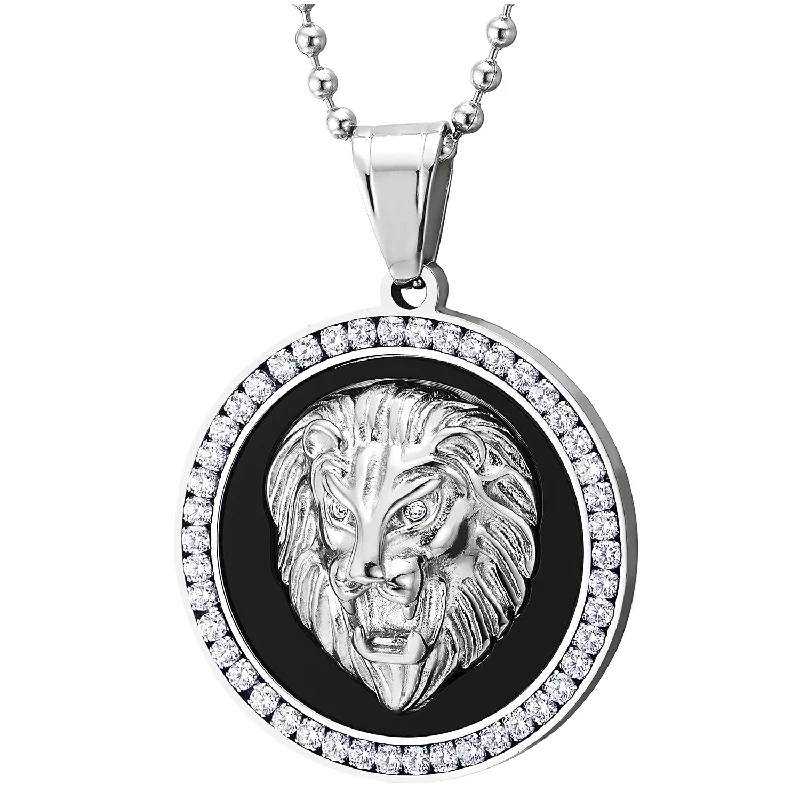 women infinity pendant necklaces -Men Women Steel Embossed Lion Head Circle Medal Pendant Necklace with CZ, Black Onyx, Silver Black