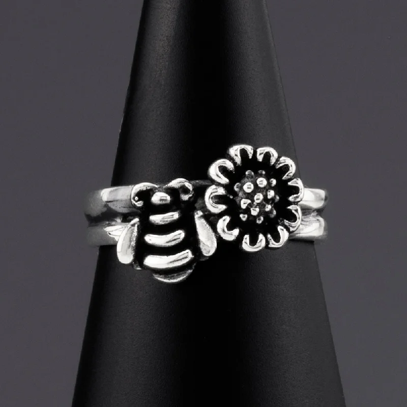 women art deco engagement rings -Sterling Silver Bee and Sunflower Ring