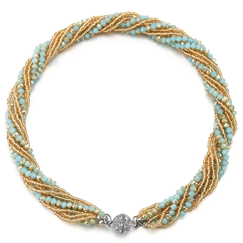 women engraved necklaces -Gold Turquoise Statement Necklace Multi-Layer Beads Crystal Braided Chain Choker Collar Magnetic Clasp