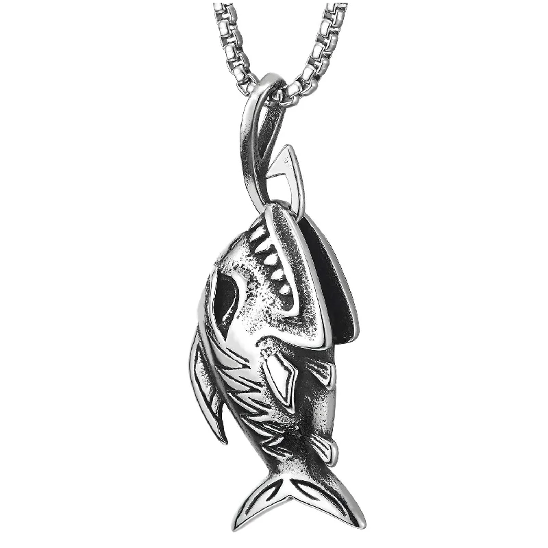 women celestial necklaces -Shark Sharp Teeth Fish Skeleton Bone Pendant Necklace Steel Gothic Style, 30 inches Wheat Chain