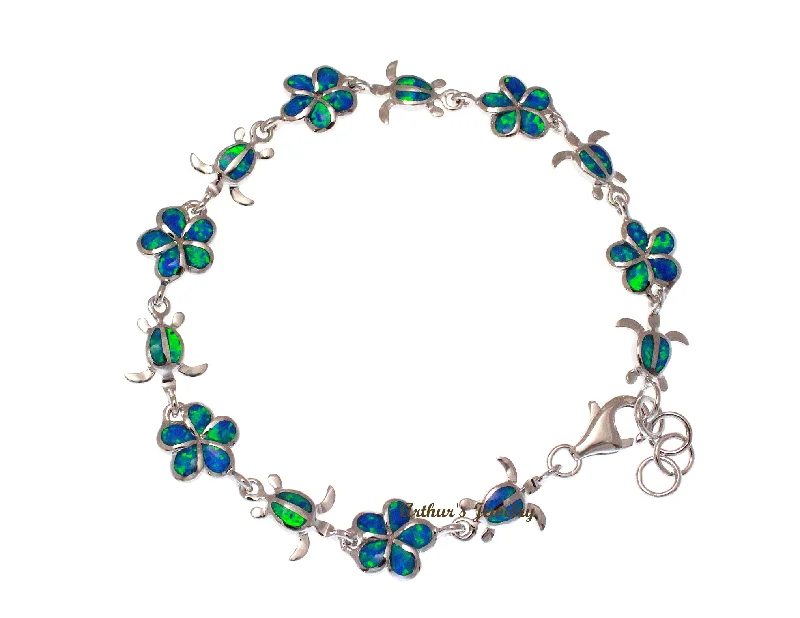 women colorful bracelets -INLAY OPAL SILVER 925 HAWAIIAN 12MM PLUMERIA FLOWER HONU TURTLE LINK BRACELET 7"+