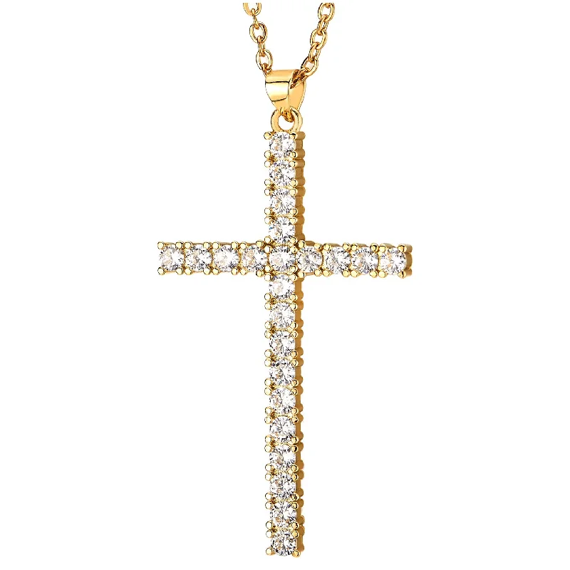 women vintage necklaces -Womens Gold Steel Cubic Zirconia Cross Pendant Necklace, Adjustable Rope Chain, Unique