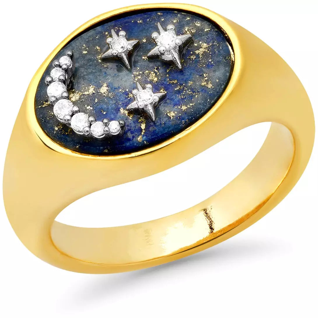 women adjustable rings -TAI GOLD LAPIS MOON & STAR SIGNET RING