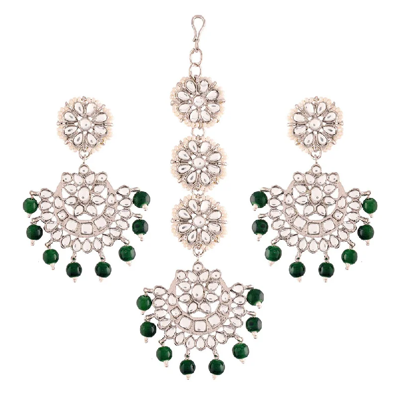 women chic earrings -Etnico18K Rhodium Plated with Stunning Matte Finish Traditional Kundan & Faux Pearl Chandbali Earrings with Maang Tikka Set (TE2911ZG)