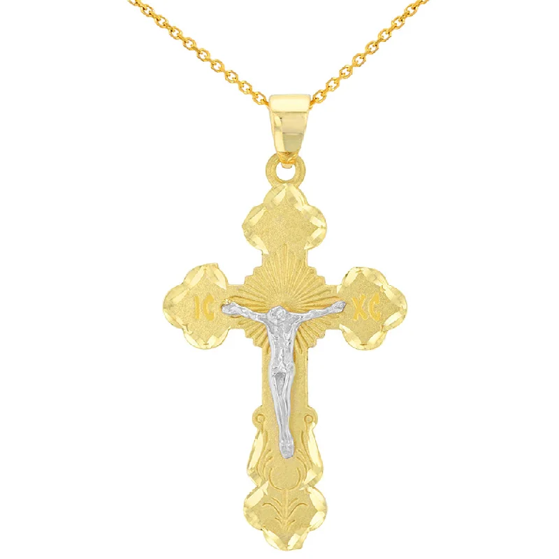 women long pendant necklaces -Solid 14K Two Tone Gold Eastern Orthodox Save and Protect Cross ICXC Crucifix Pendant Necklace