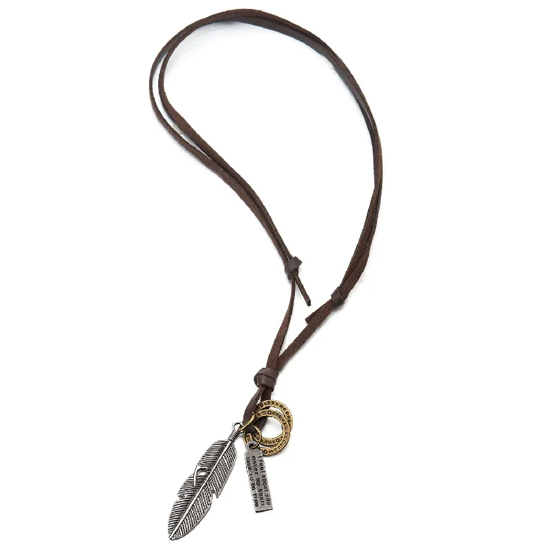 women luxury silver necklaces -Retro Style Aged Silver Feather Pendant with Adjustable Brown Leather Cord Necklace Unisex Men Women