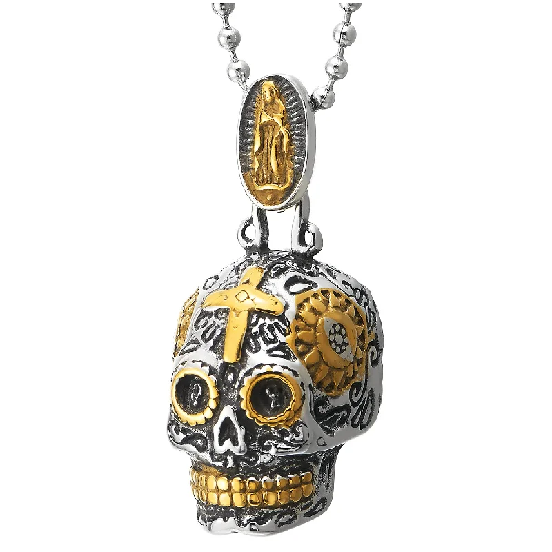 women gemstone pendant necklaces -Mens Women Steel Vintage Silver Gold Sugar Skull Pendant Necklace Cross and Sun Ray 30 in Ball Chain