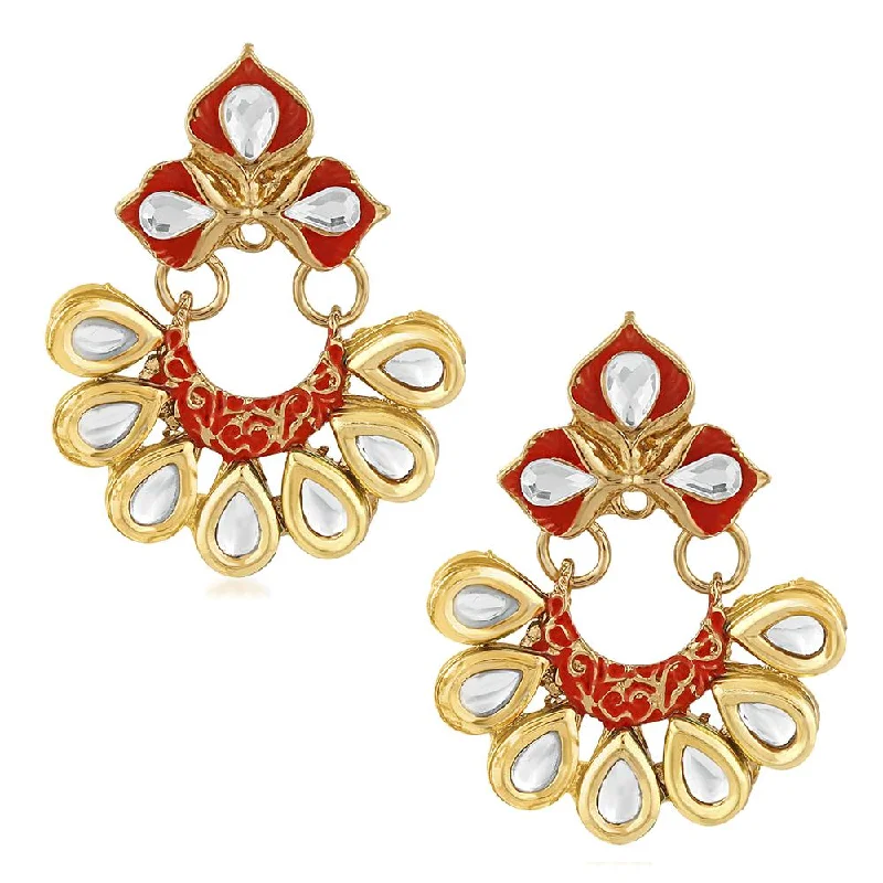 women pearl stud earrings -Mahi Traditional Floral Chandbali Kundan and Orange Meenakariwork Earrings for Women (ER1109678G)