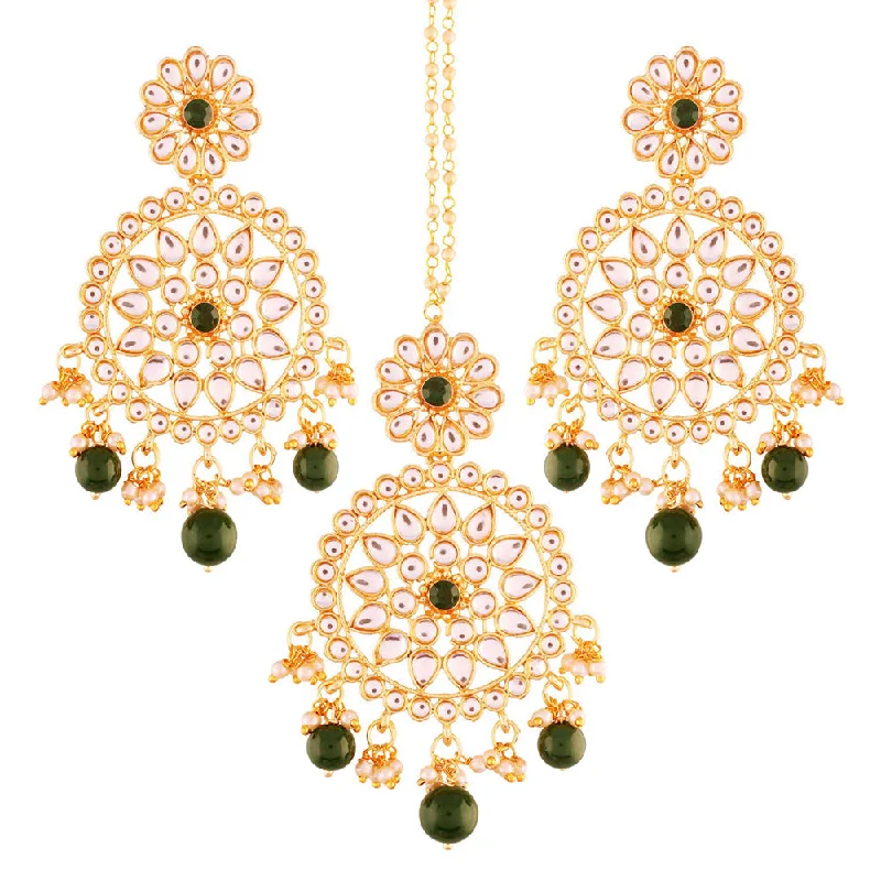 women multi-stone earrings -Etnico 18K Gold Plated Traditional Kundan & Pearl Studded Chandbali Earrings With Maang Tikka Set (TE2462G)