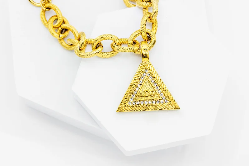 women engraved bangle bracelets -ΔΣΘ Signature Pyramid Pendant and Oval Link Bracelet (Stainless Steel)